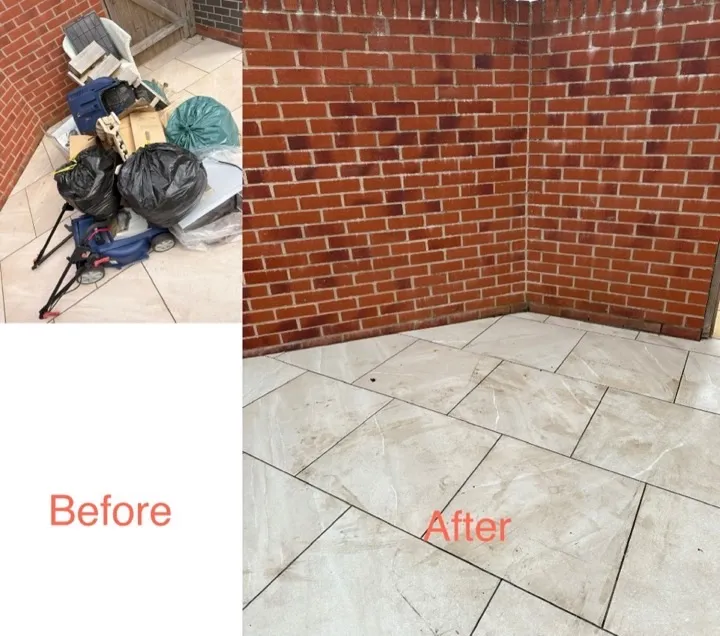 Probate clearance — patio before and after Before and after probate clearance showing a patio corner cleared of bin bags, garden equipment, and household waste