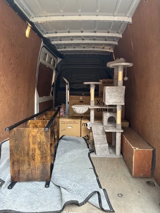 Moving van interior with a large cat tree, rustic wood furniture, and cardboard boxes for a professional collection service
